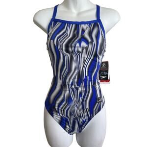 NWT Speedo Endurance+ Flyback One Piece Swimsuit Size 6/32 –‎ Blue Gray White